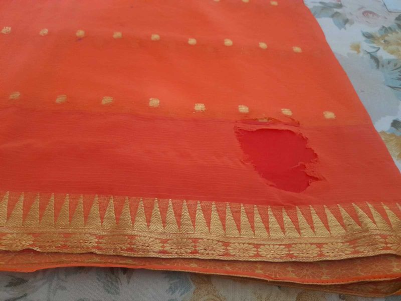 Vibrant Orange Saree with Golden