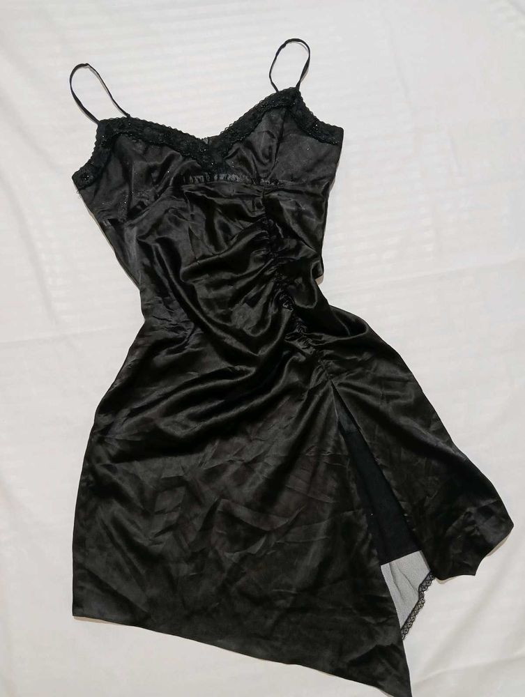Satin Slip Dress with Lace Trim