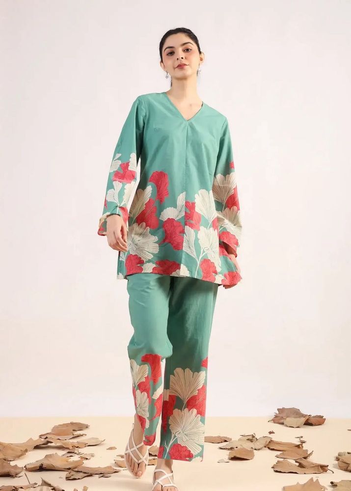 Green Floral Print Kurta Set jisora