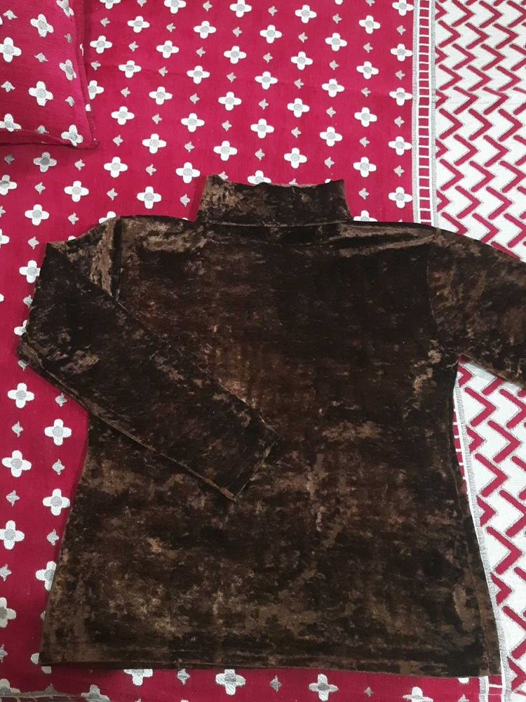 Dark Brown shinny high neck velvet top