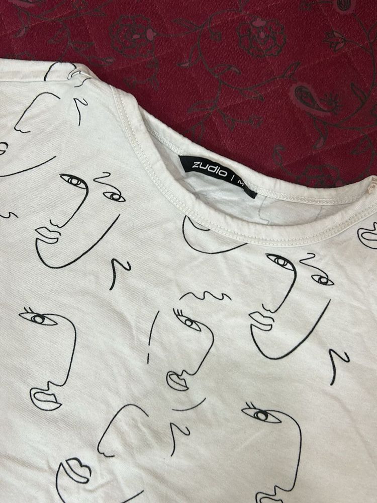 White Graphic T-Shirt with Abstract Faces