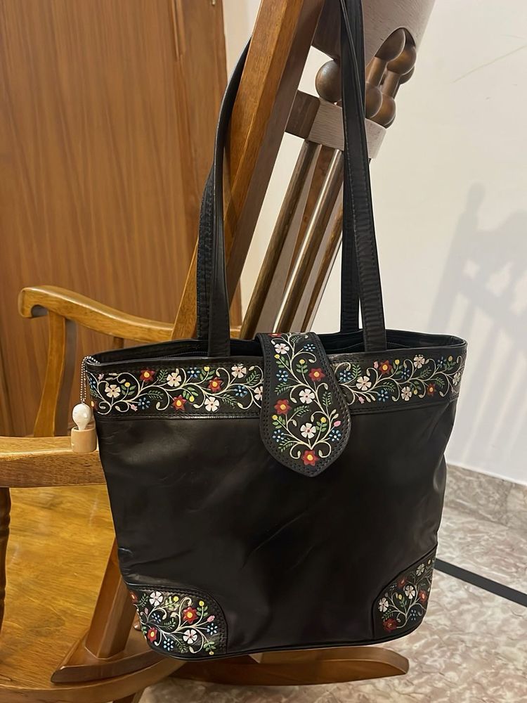 Floral Embroidered Leather Tote Bag