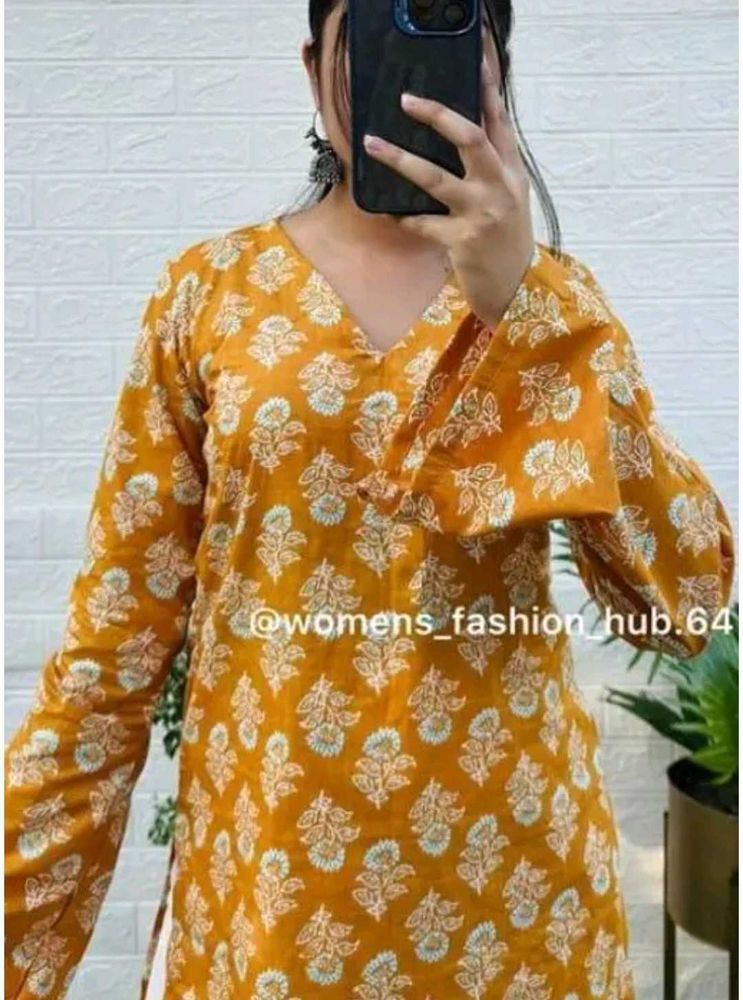 Mustard Yellow Printed Women Short Kurti