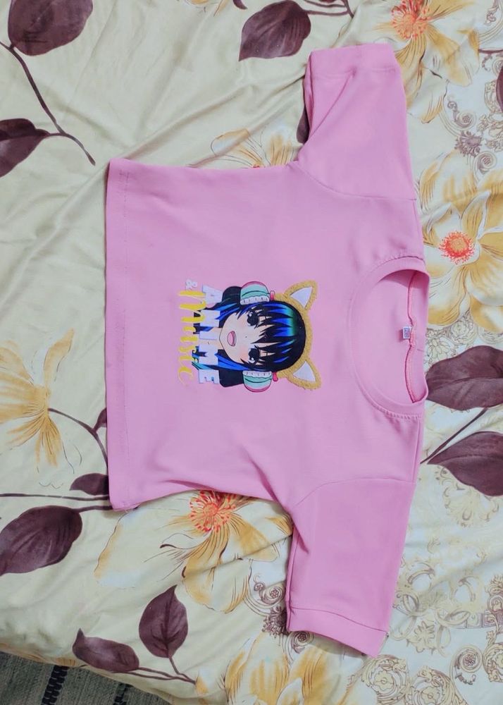 Pink Anime Graphic Crop Top