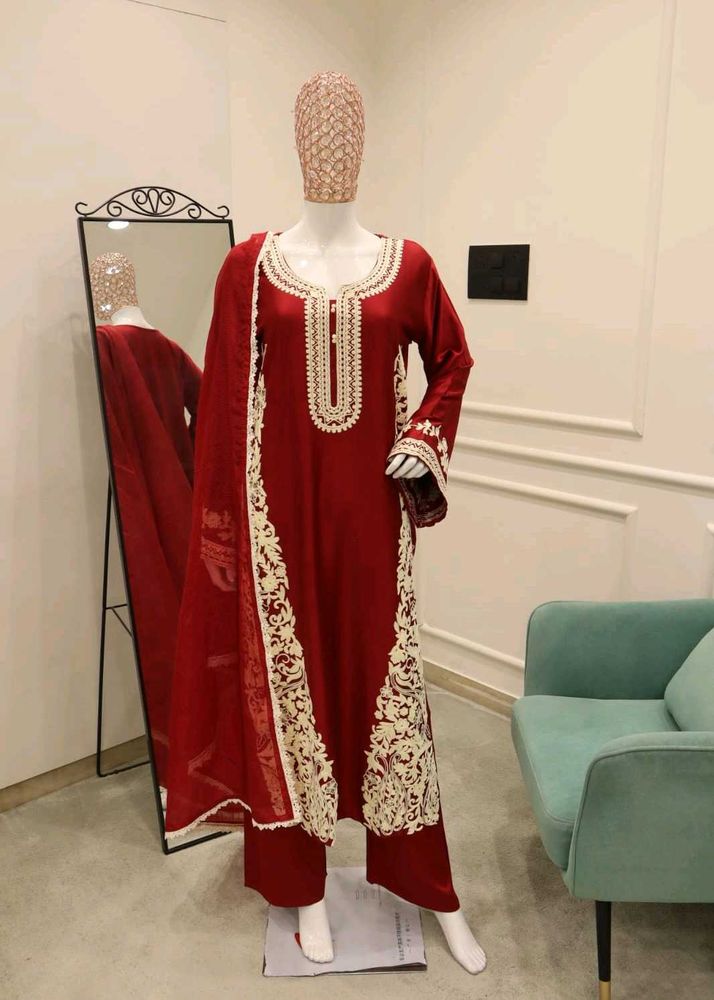 *Maroon Red Kashmiri Embroidered Crepe Silk Straig