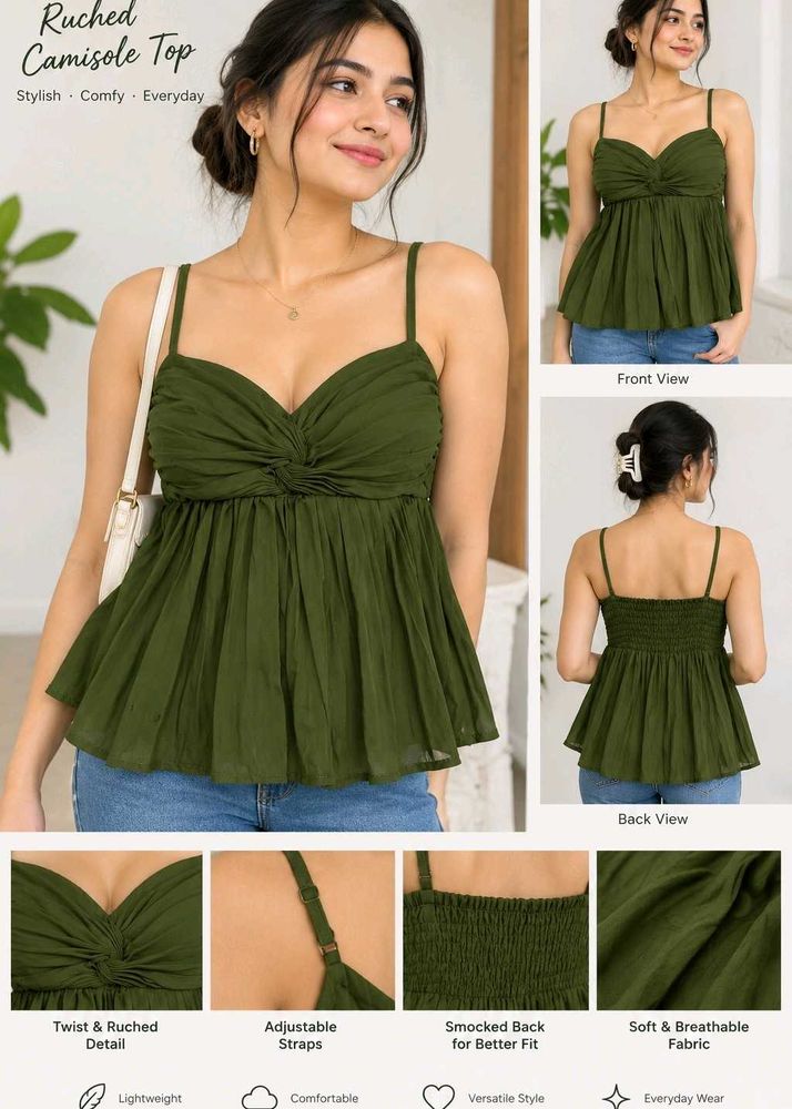 Chic Olive Green Pleated Top
