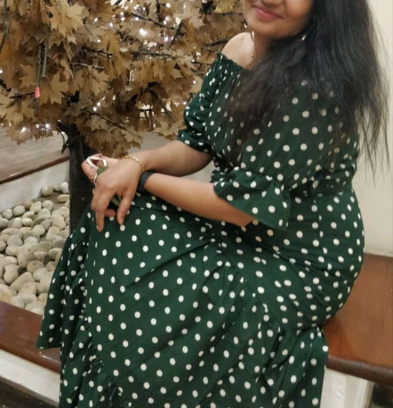 Dark Green Polkadot Long Dress, With Matching West