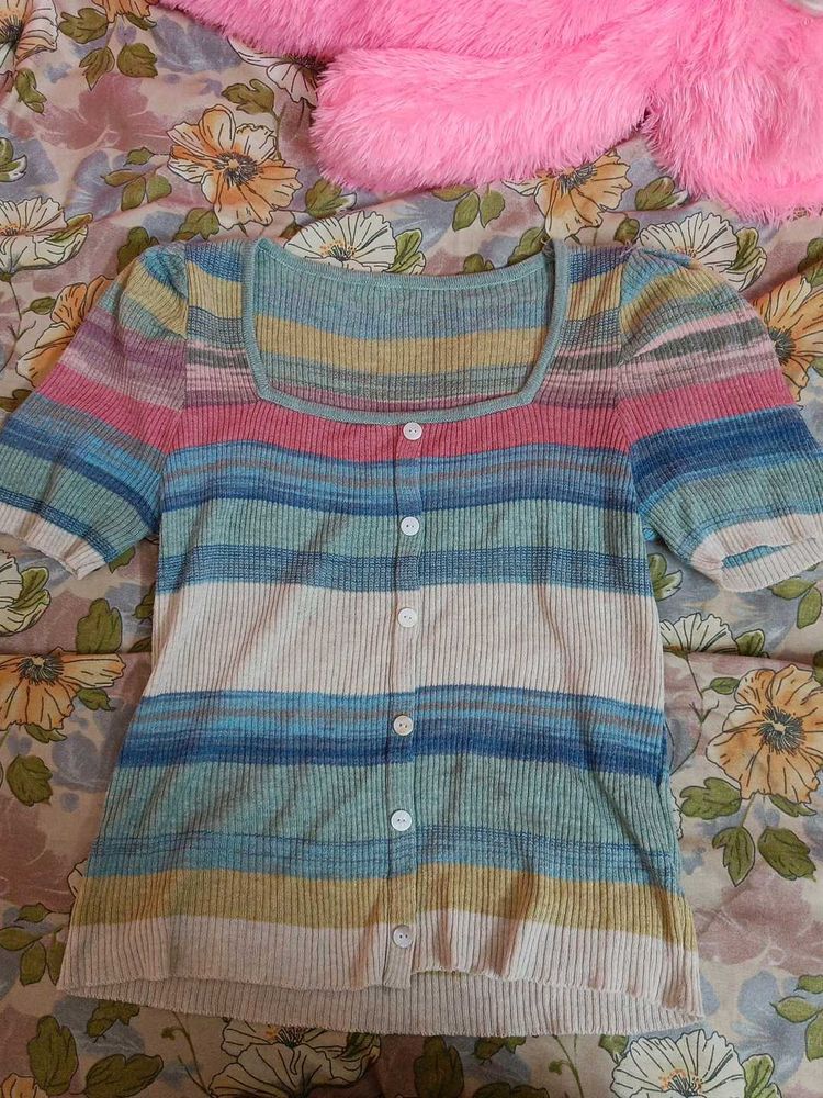 Striped Button-Up Knit Top