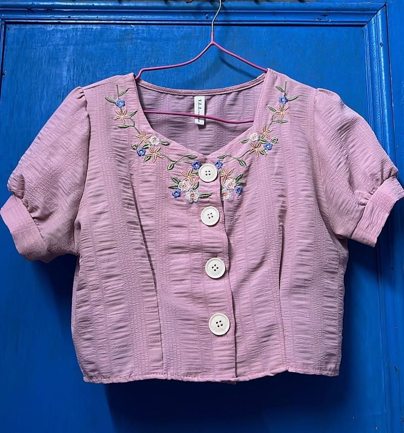 Embroidered Pink Puff Sleeve Top