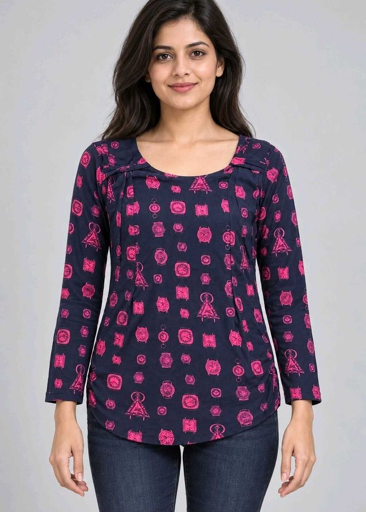 Navy Blue &amp; Pink Graphic Print Top