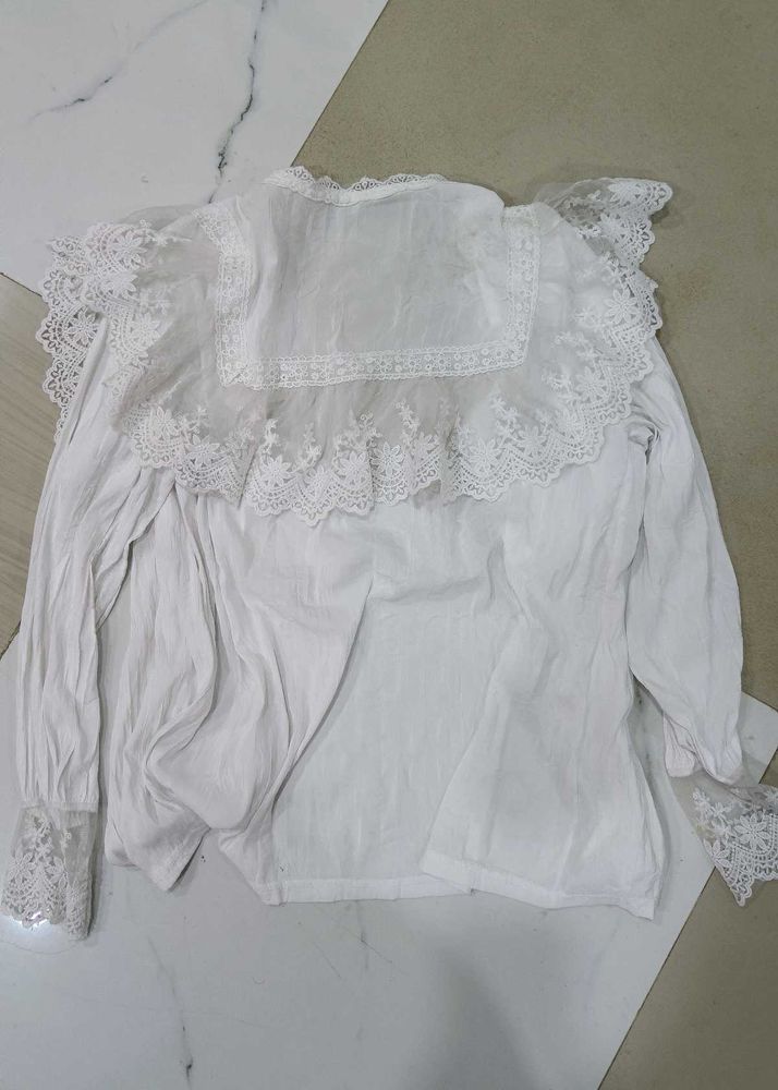 White Lace Trimmed ruffled Blouse