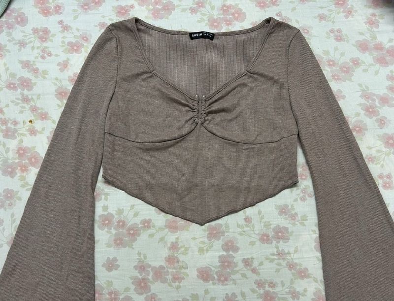 SHEIN - Flared Sleeves Brown Ruched Top