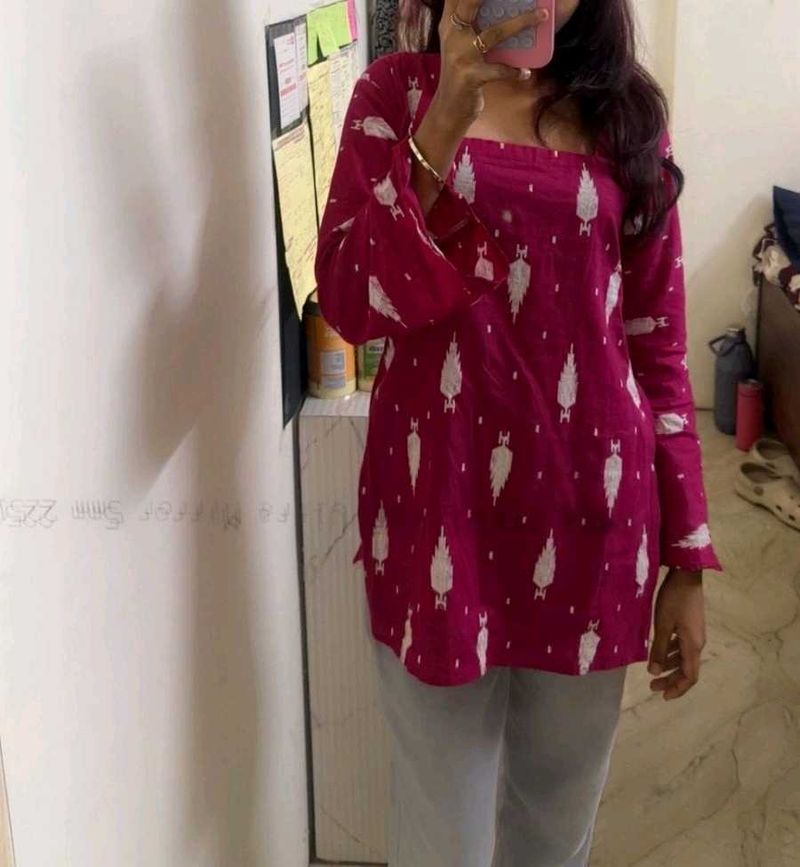 Magenta Printed Cotton Kurta