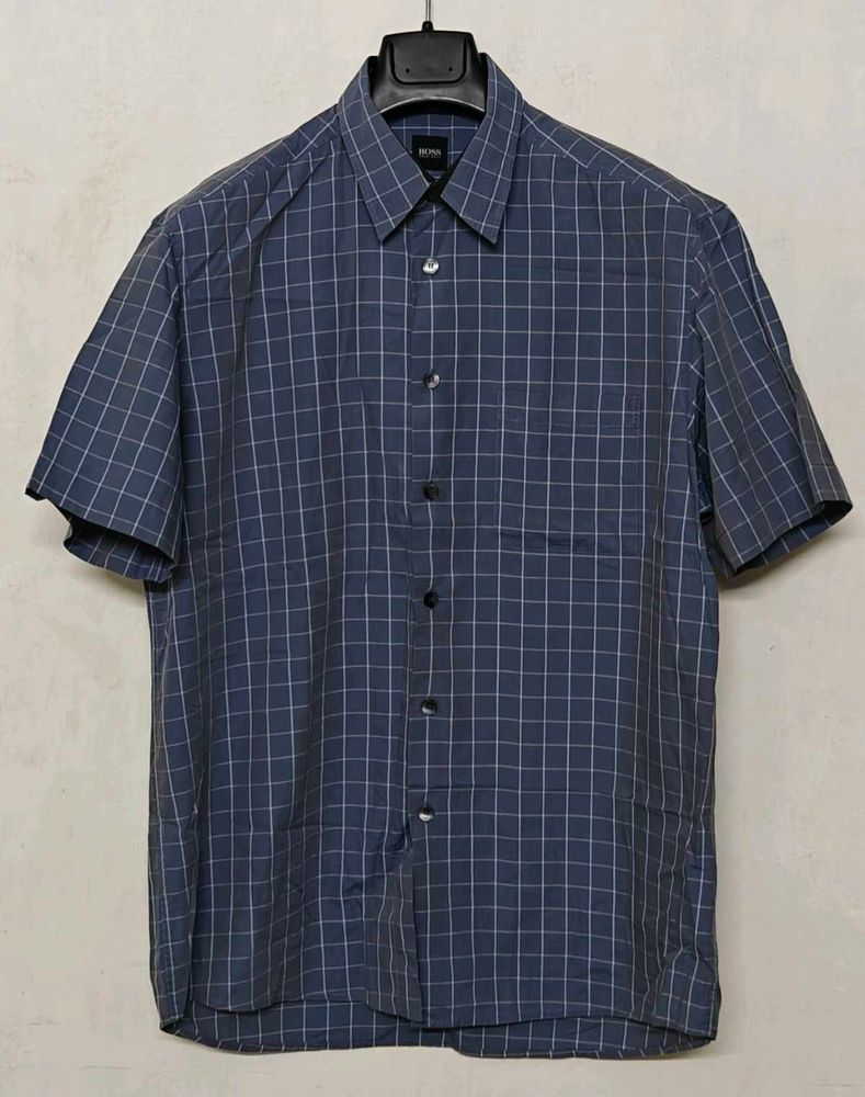 BOSS Men's Blue Checkered Short Sleeve Shirt