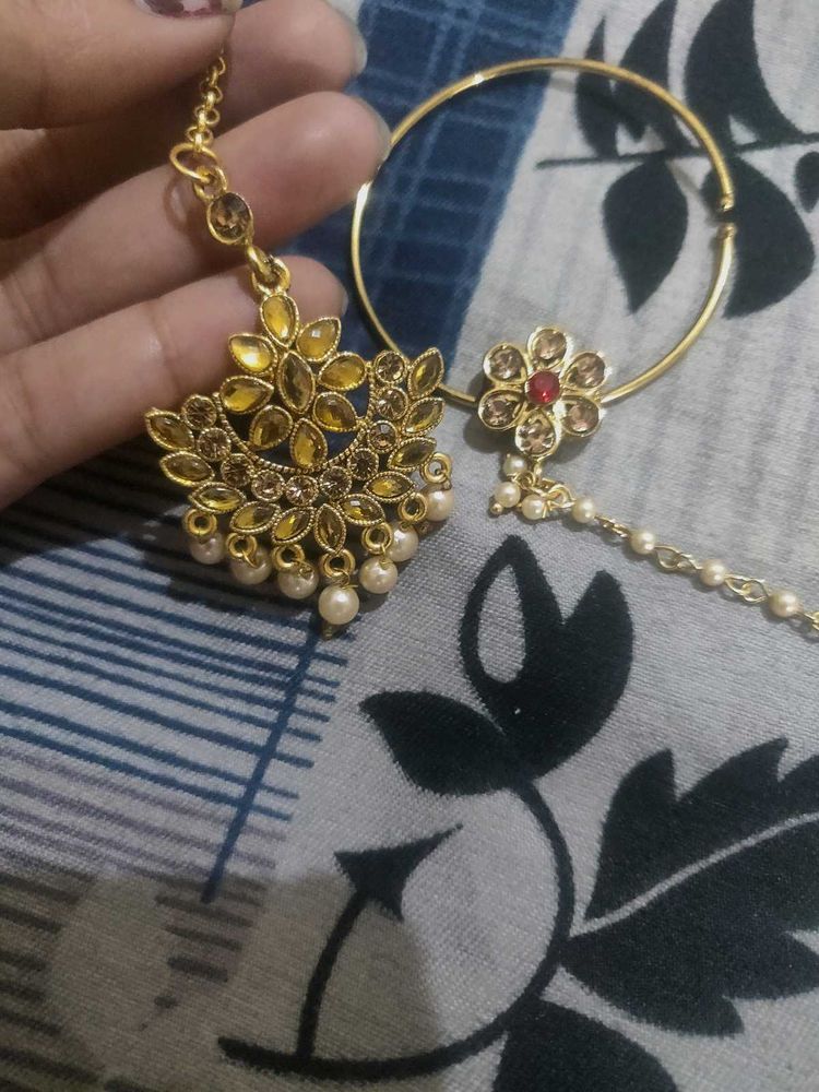 Elegant Gold Maang Tikka &amp; Nath Set