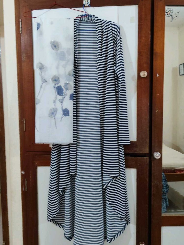 Blue and white Striped Shrug with Scarf