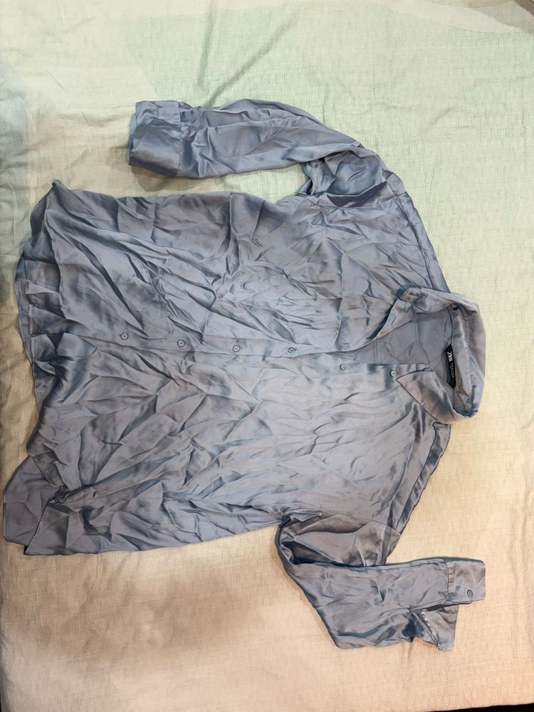 ZARA ORIGINAL Satin Long Sleeve Button-Up Shirt