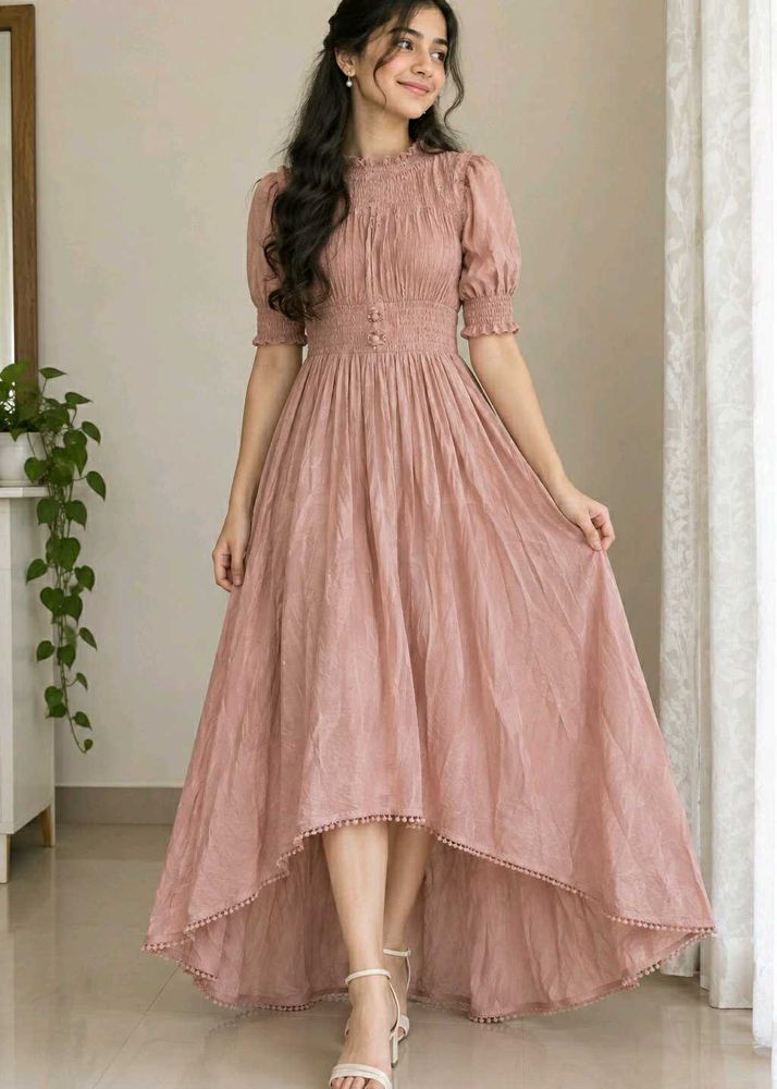 Cottage Core Dusty Rose Smocked  High-Low dress