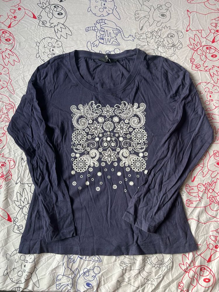 Navy Blue Graphic Print Long Sleeve Top
