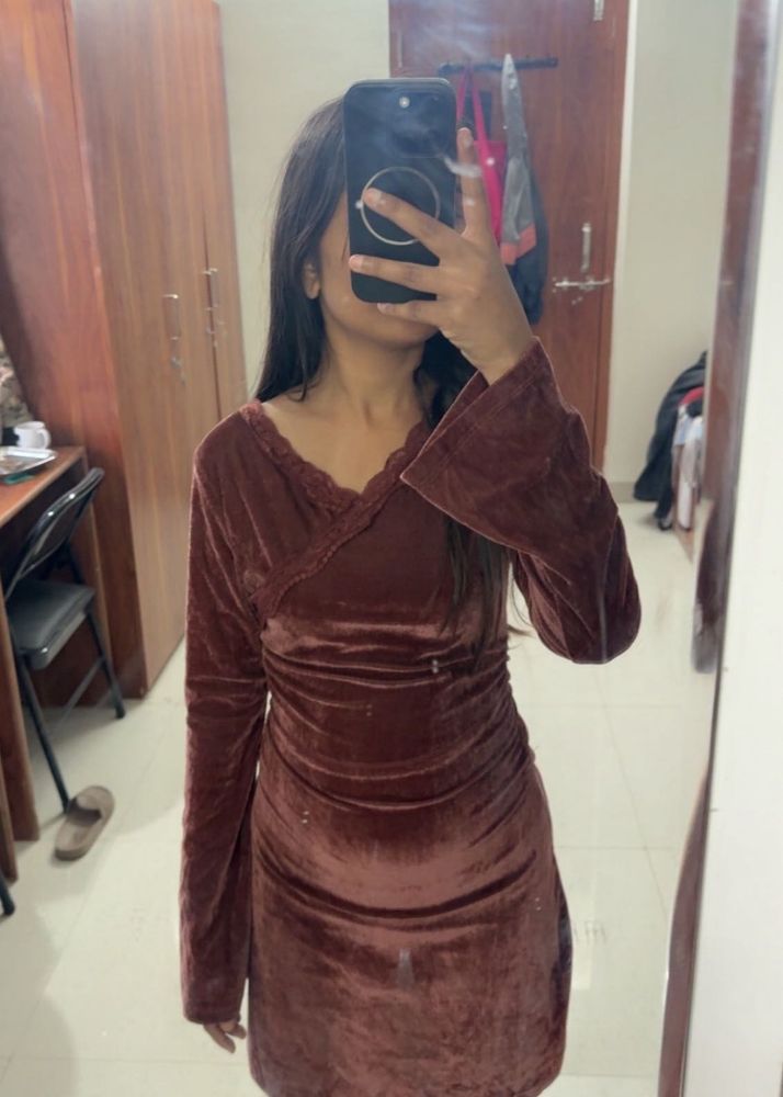 Velvet V-Neck Floral Lace trim Mini Dress