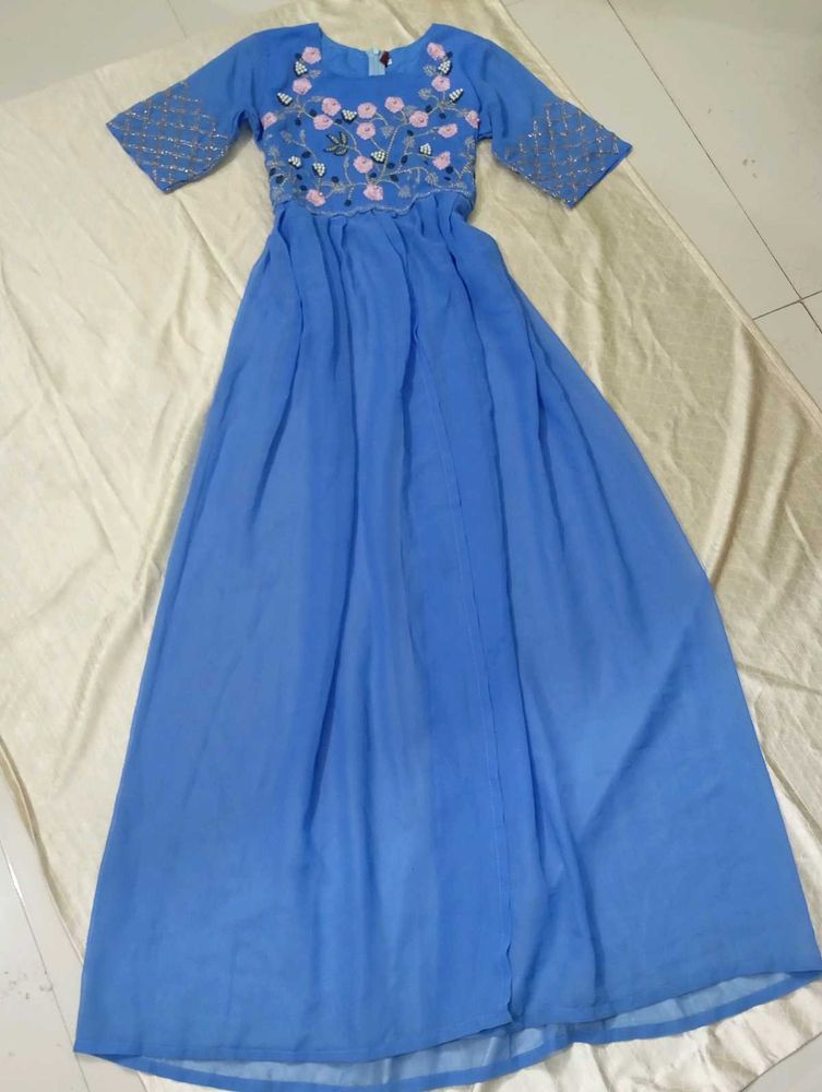 Blue Floral Embroidered Ethnic Gown with Bottom
