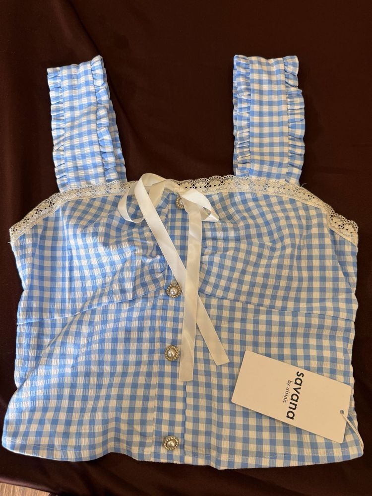 Blue Gingham Ruffle Strap Crop Top