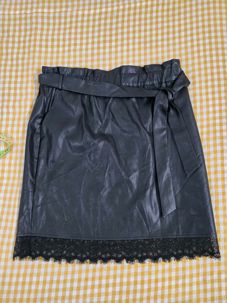 Faux Leather Lace Trim Skirt