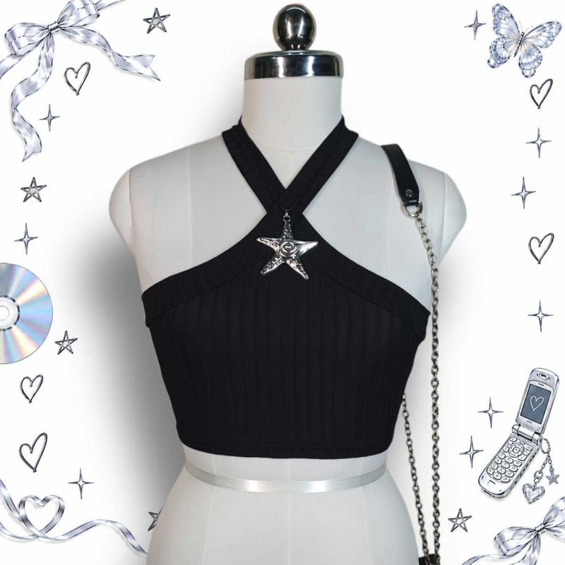Black Star Charm Halter Crop Top