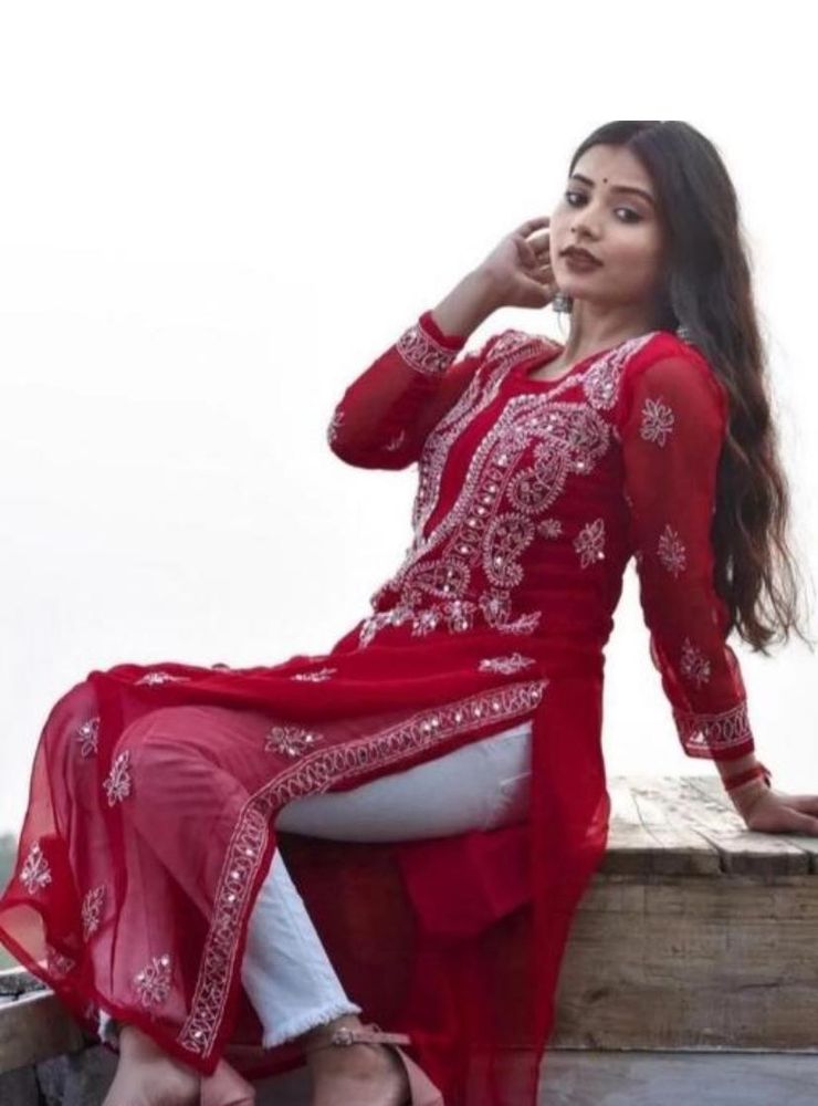 Red chikankari sequin kurti