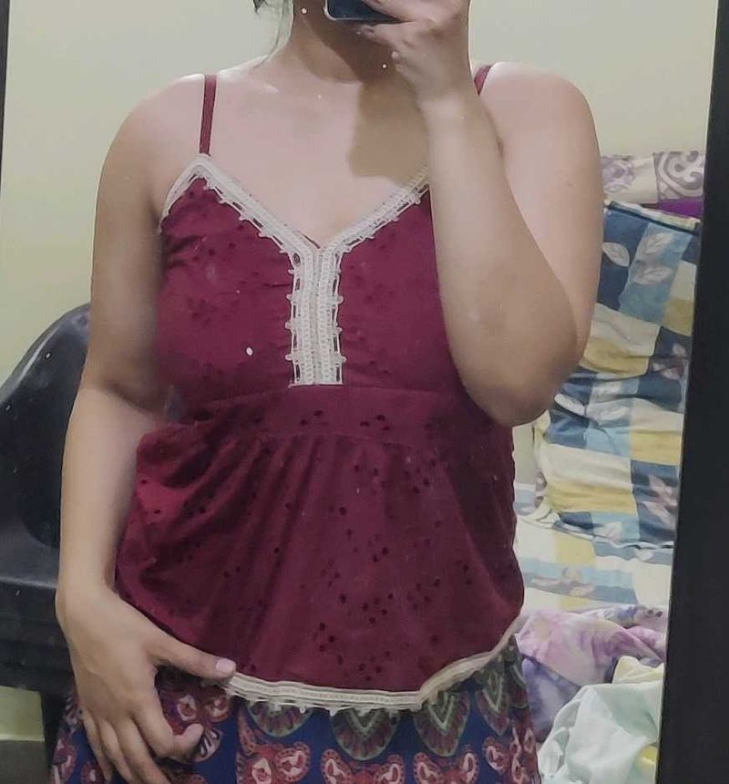 Maroon Lace Trim Peplum Top