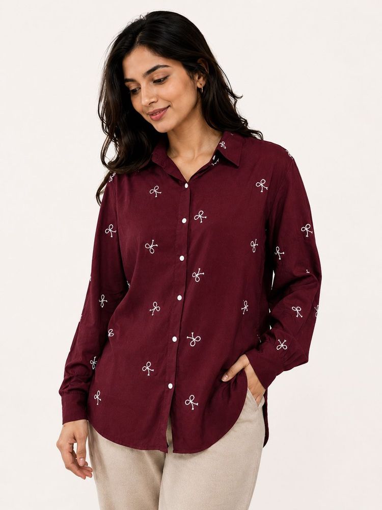 Embroidered Burgundy Button-Up Shirt