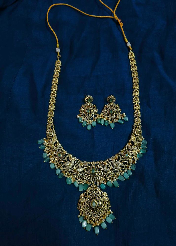 Royal Peacock Designer Necklace Set with Aqua Bead