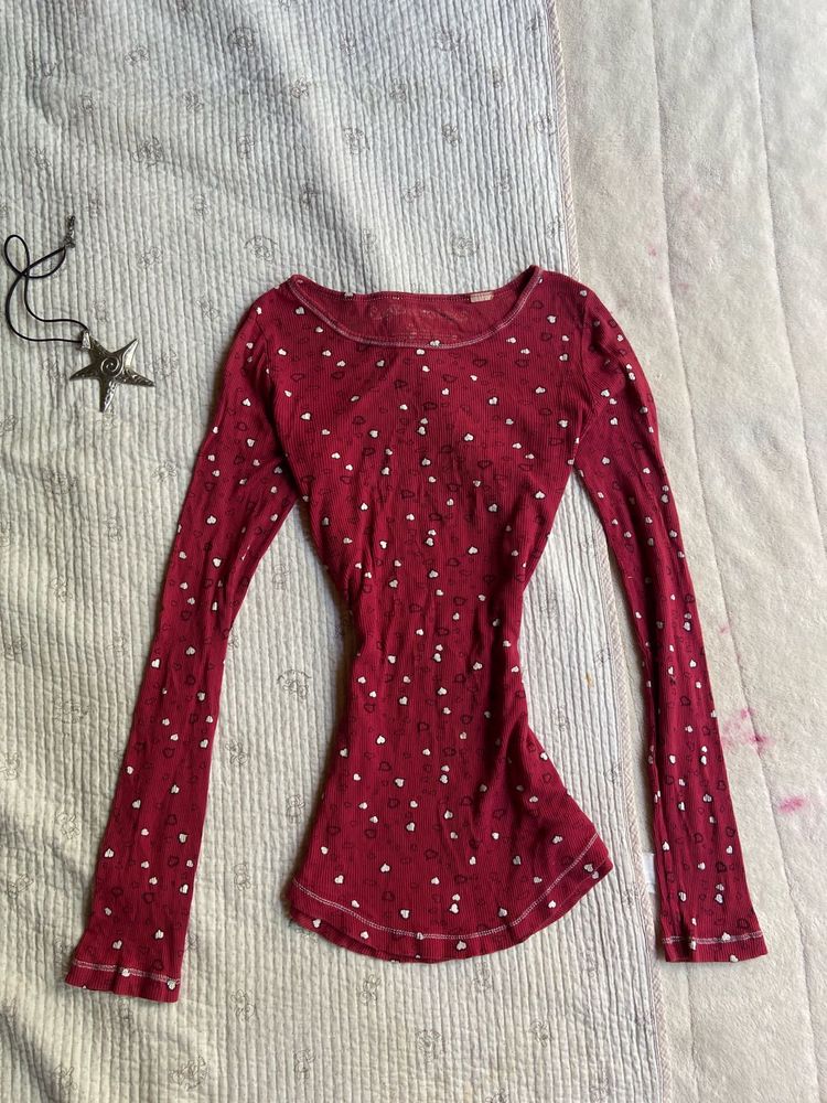 Cute Red Heart Print Long Sleeve Top