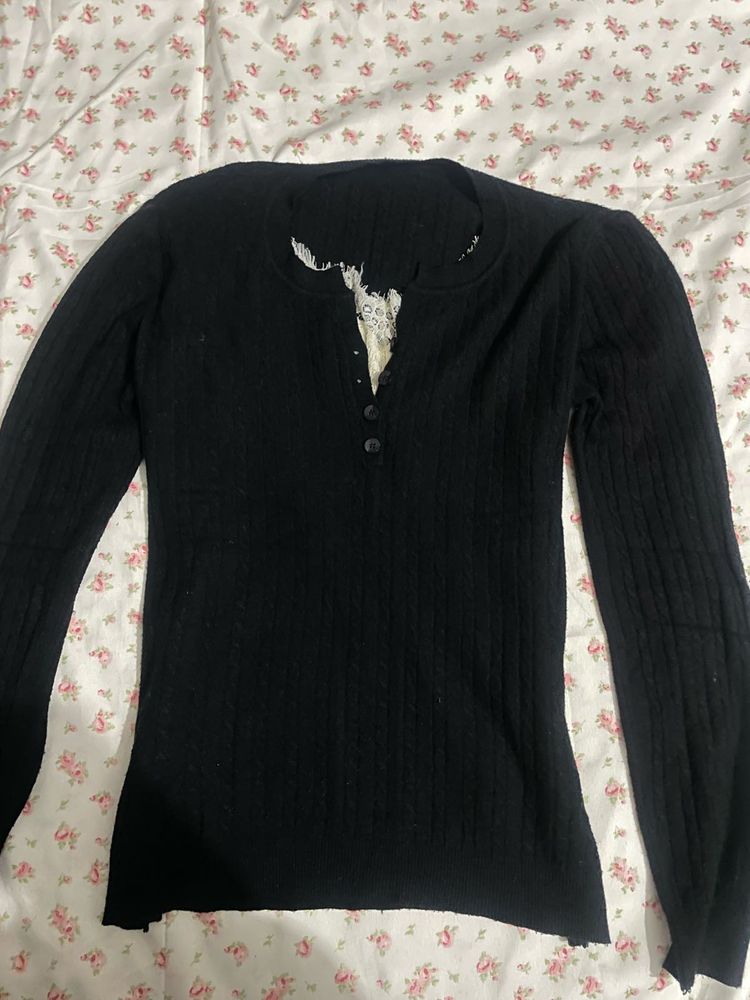 Black Long Sleeve Knit Top with Lace Detail