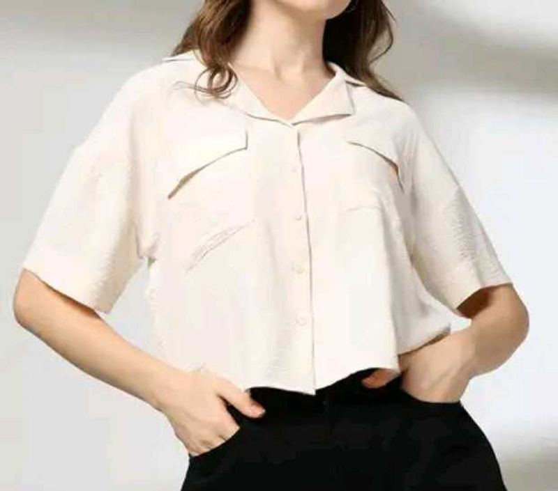 Cream Cropped resort Button-Up Shirt