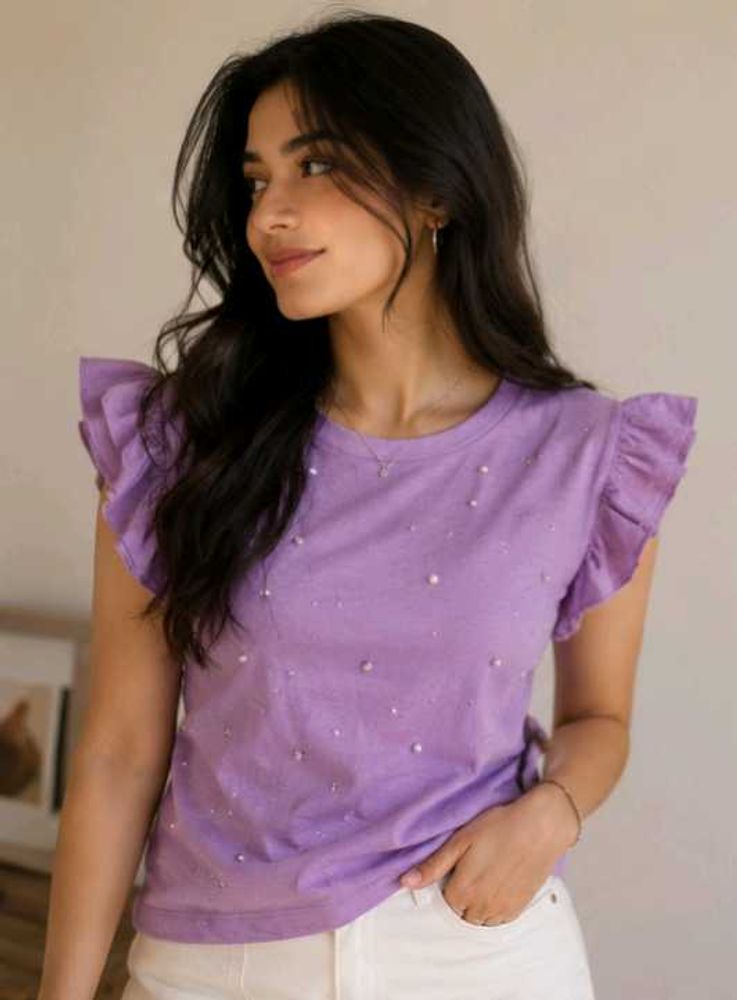 Purple Pearl Embellished Flutter Sleeve Top
