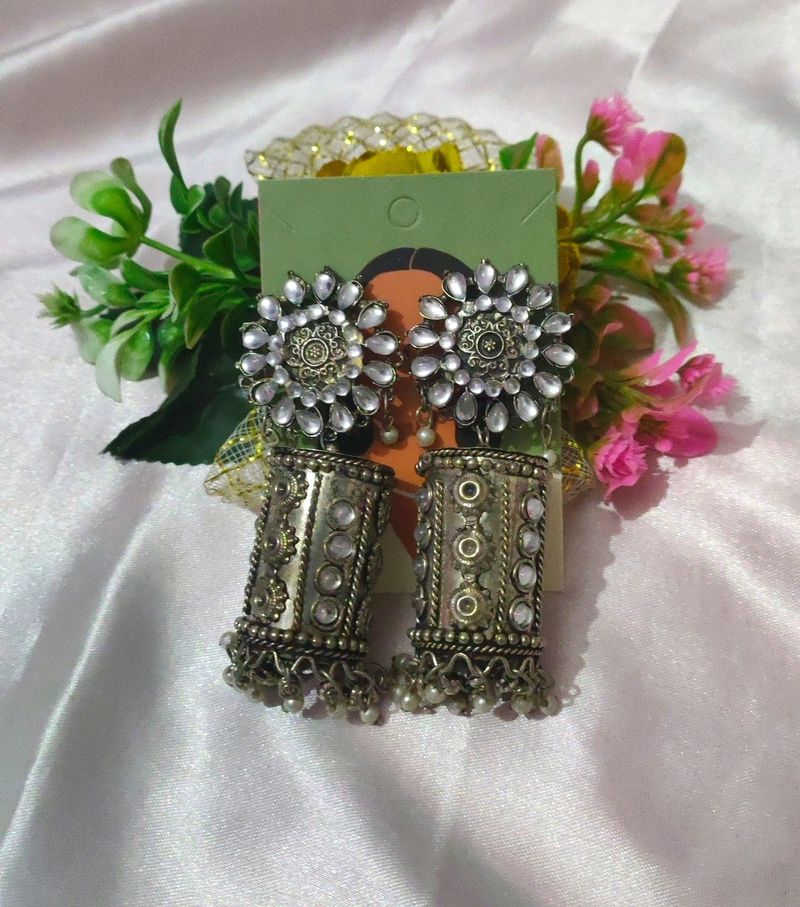Kundan Stone Oxidised Jhumke