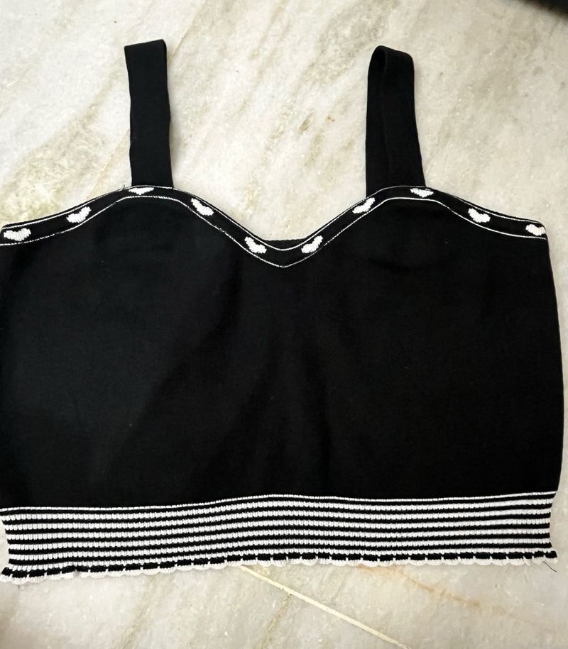 Black Cropped Knit Top with Heart Detail