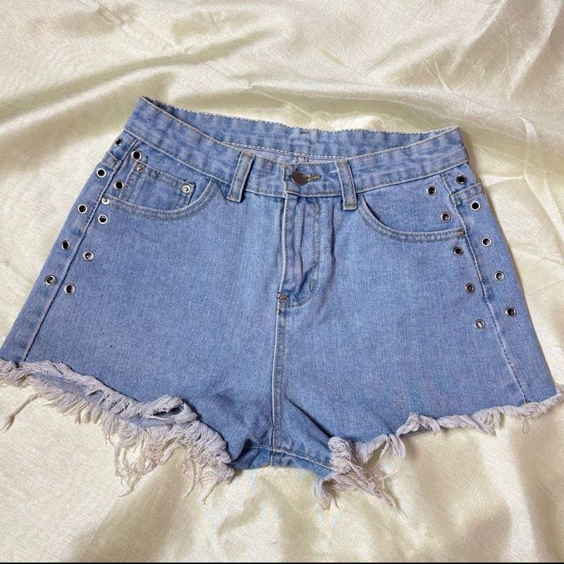 Light Wash Denim Shorts with Grommet
