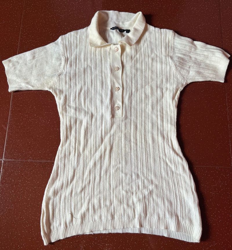 Cream Ribbed Polo Neck Top