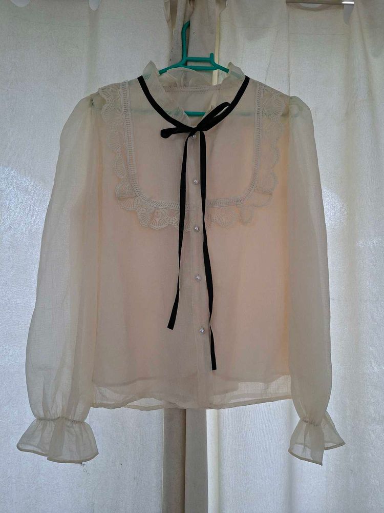 Sheer White Blouse with Black Ribbon Detail