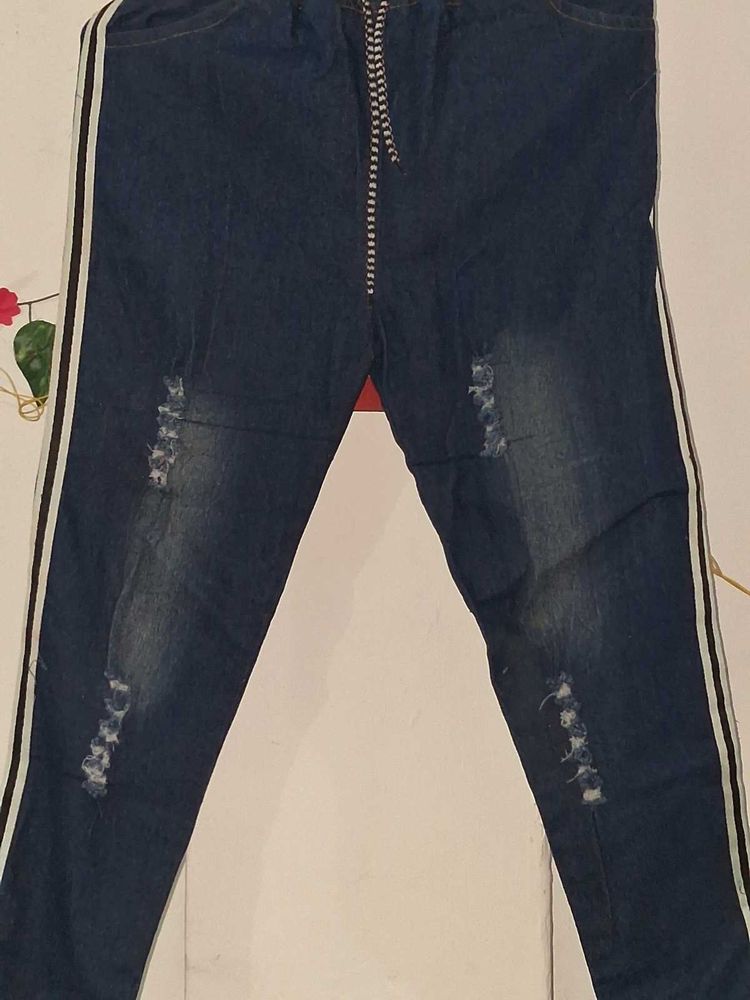 Distressed Denim Joggers with Side Stripes