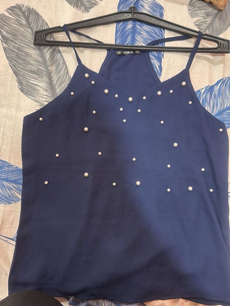 Navy Blue Cami Top with Pearls
