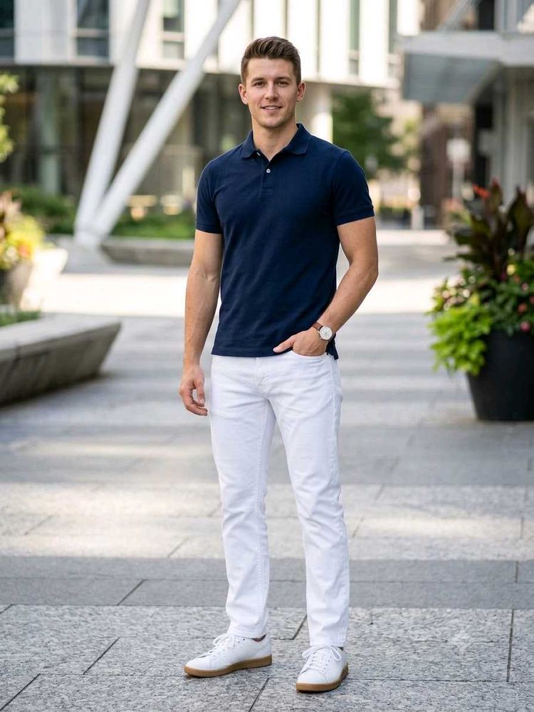 H&amp;M Men's Classic Navy Polo &amp; White Jeans Set