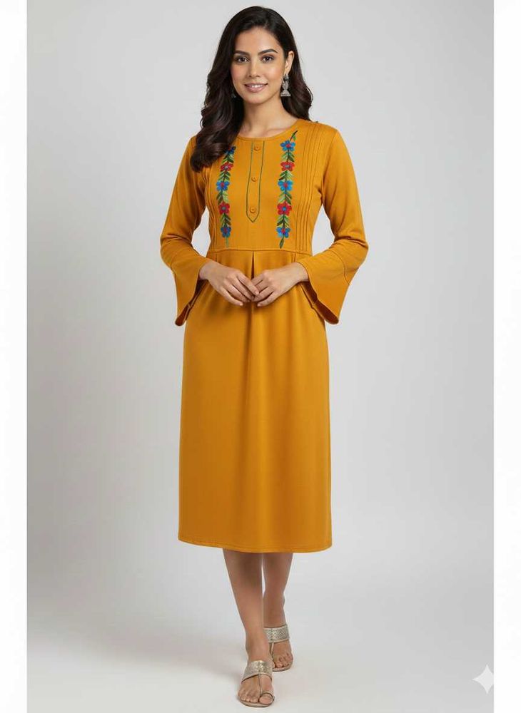 Elegant Woolen Mustard Embroidered Kurti