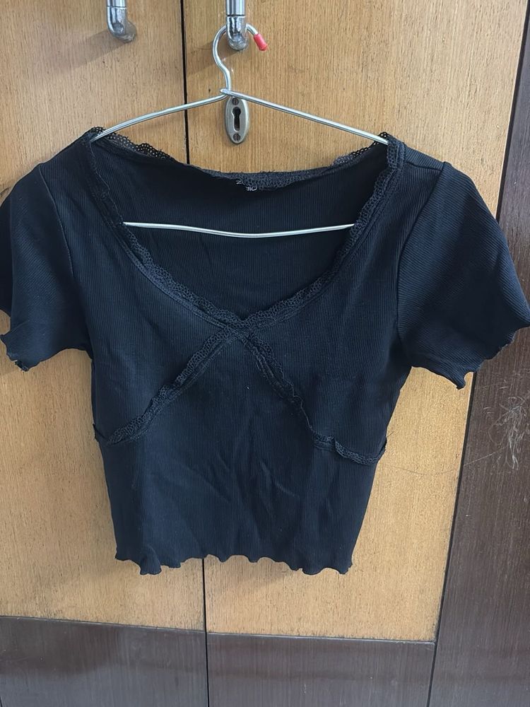 Chic Black Lace Trim V-Neck Top