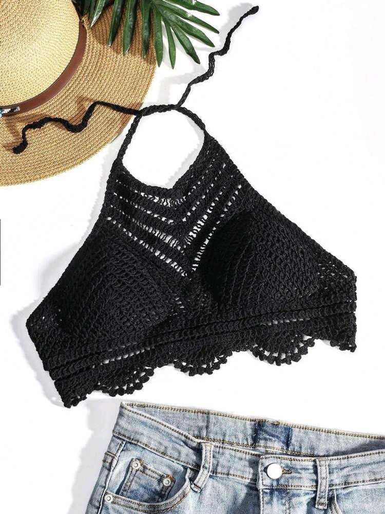 Black Crochet Halter Bikini Top