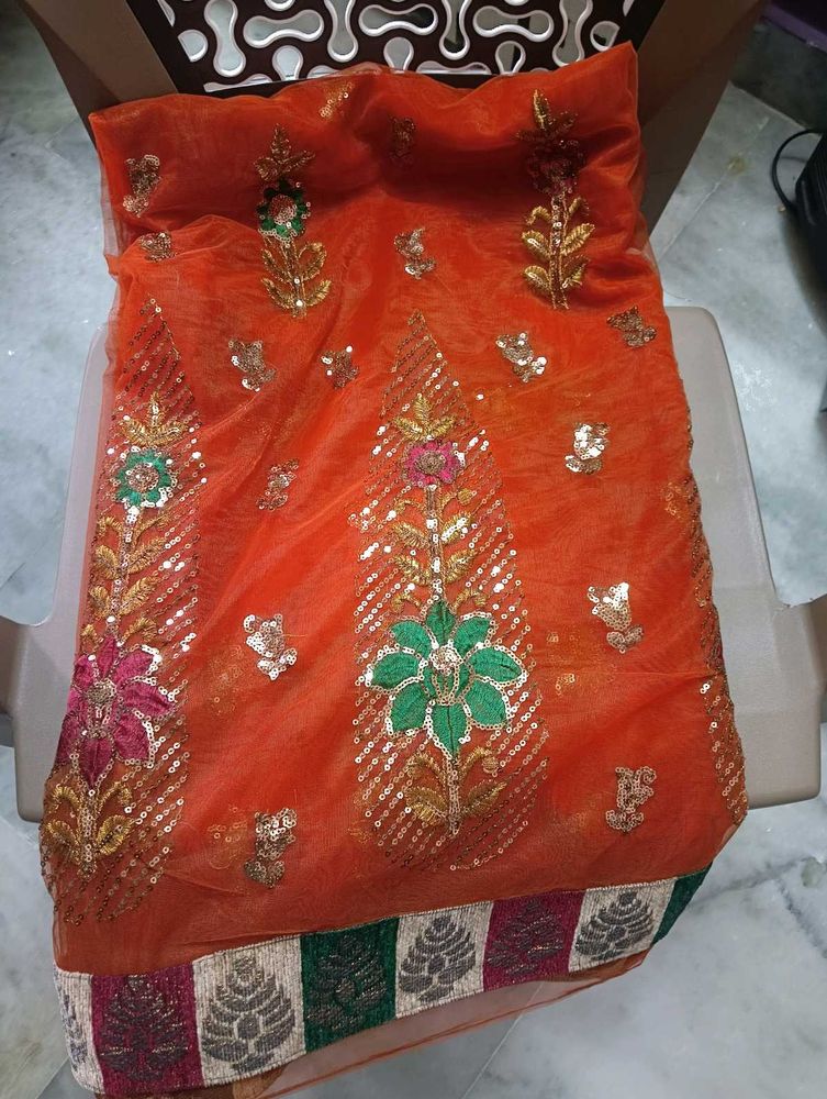 Orange Embroidered Net Saree no blouse