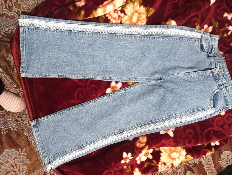 Lace Trim Wide Leg Jeans