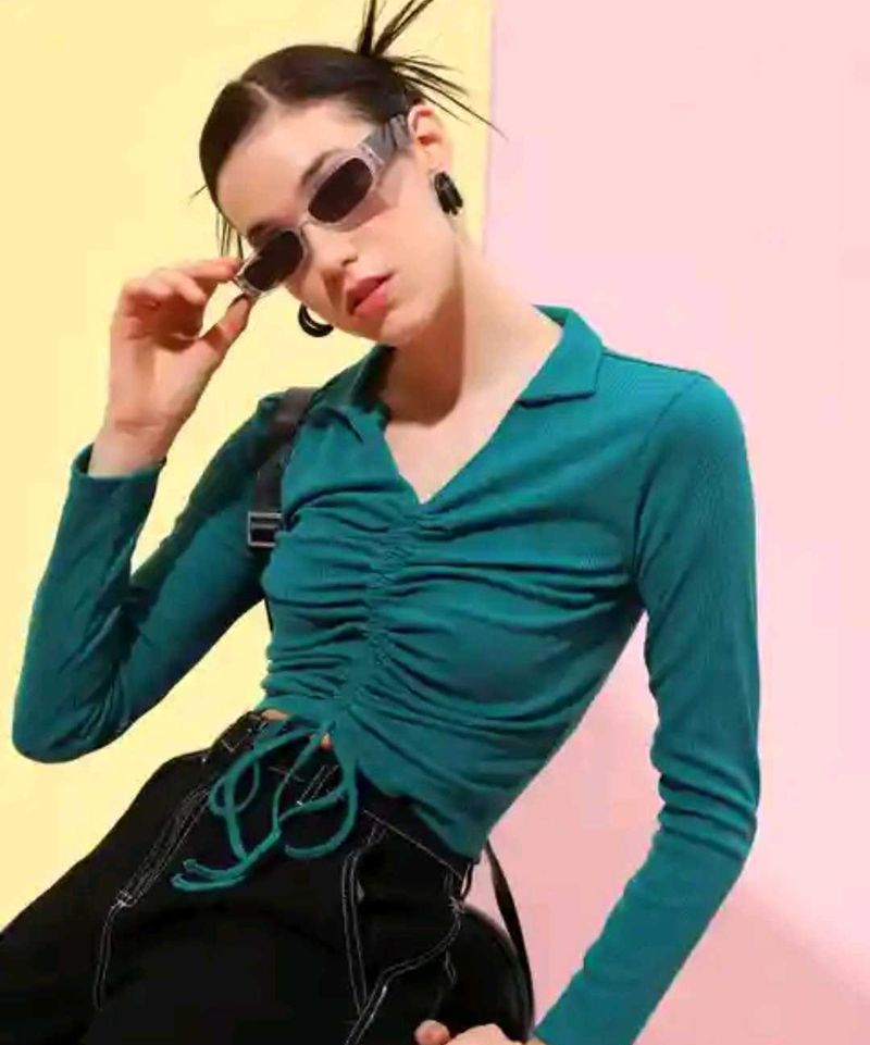 Teal Ruched Collared Long Sleeve Top